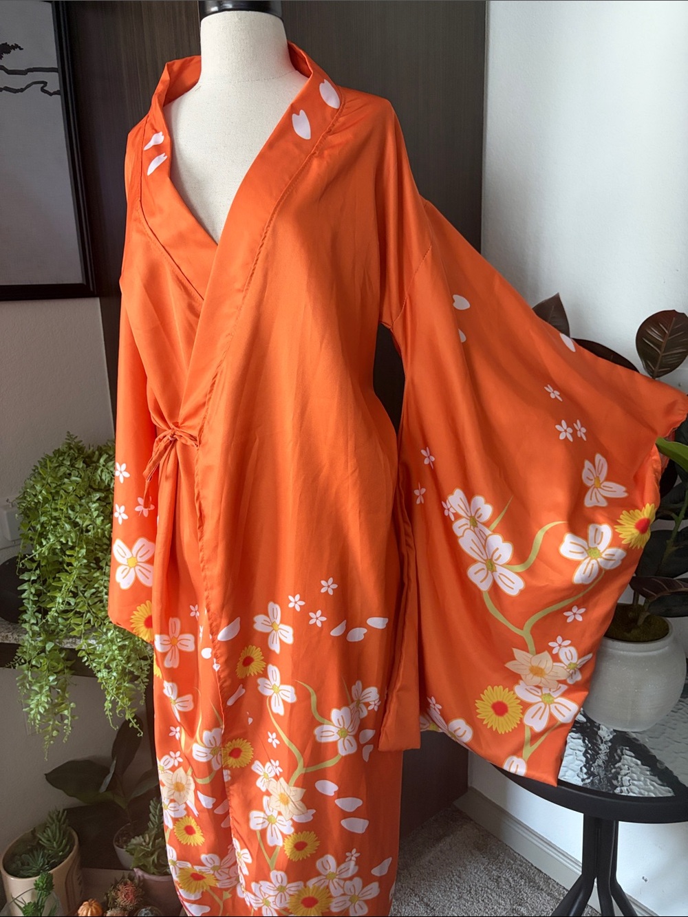 Floral Orange Long-Sleeve Wrap Dress with Tie